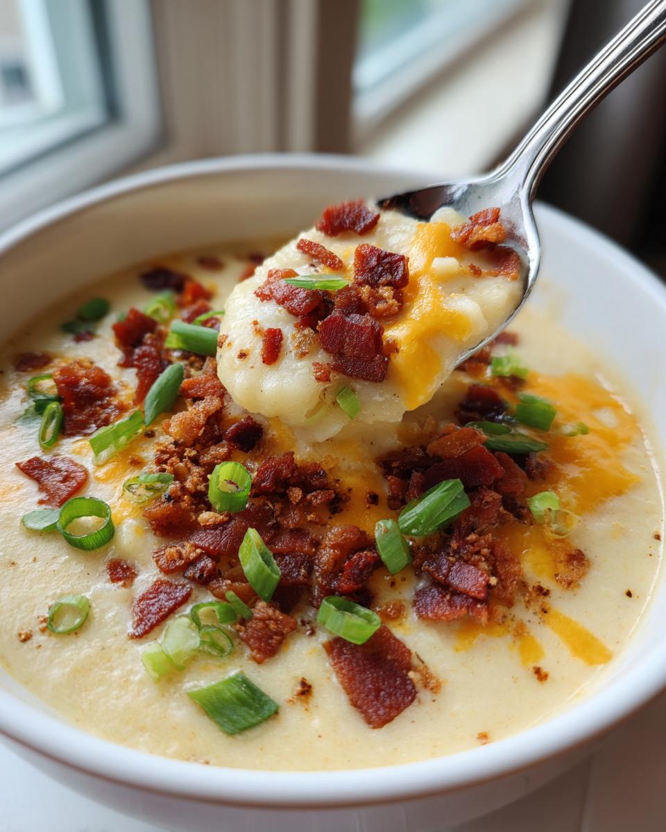 A spoonful of creamy easy crockpot potato soup topped with melted cheese, bacon bits, and green onions being lifted from a white bowl.