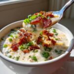 A spoonful of thick, creamy easy crockpot potato soup topped with crispy bacon and green onions being lifted from a white bowl.
