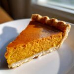 A perfect slice of easy pumpkin pie showing its rich orange filling and flaky crust, sitting on a white plate.