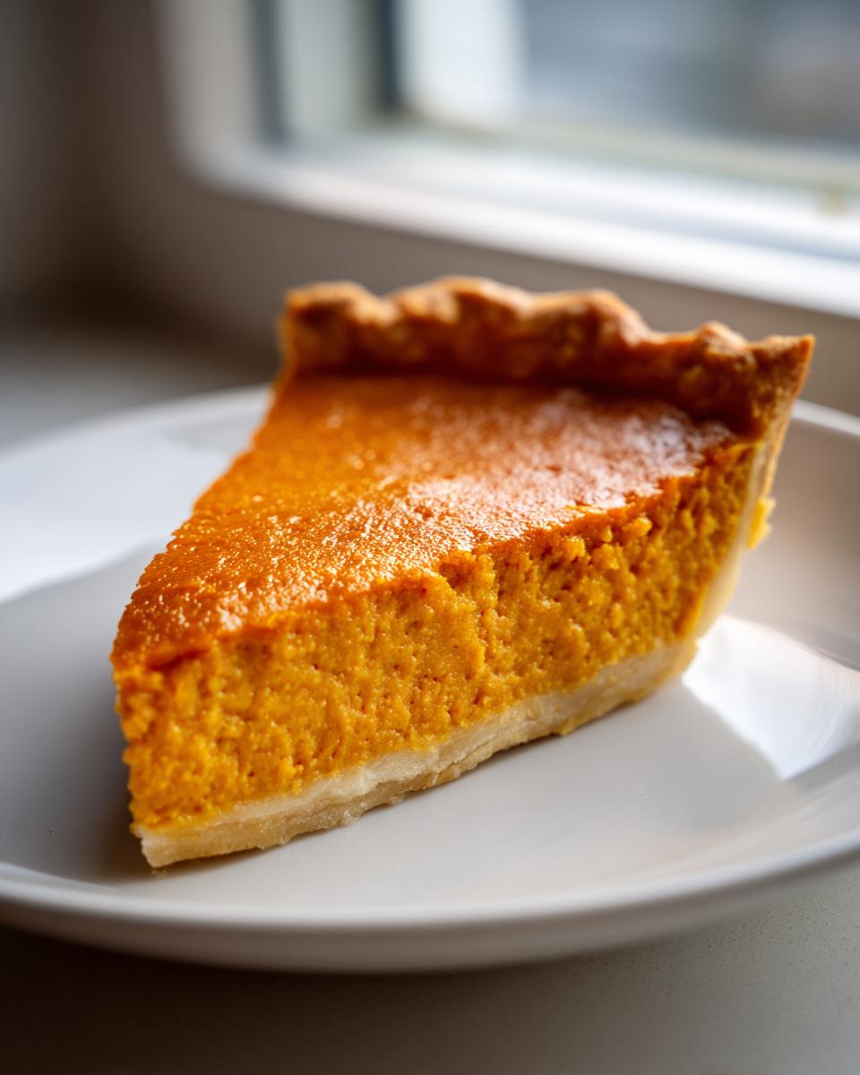 A close-up of a perfect slice of easy pumpkin pie with a golden crust on a white plate.