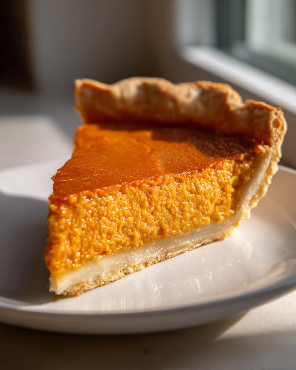 A close-up side view of a perfect slice of easy pumpkin pie resting on a white plate.