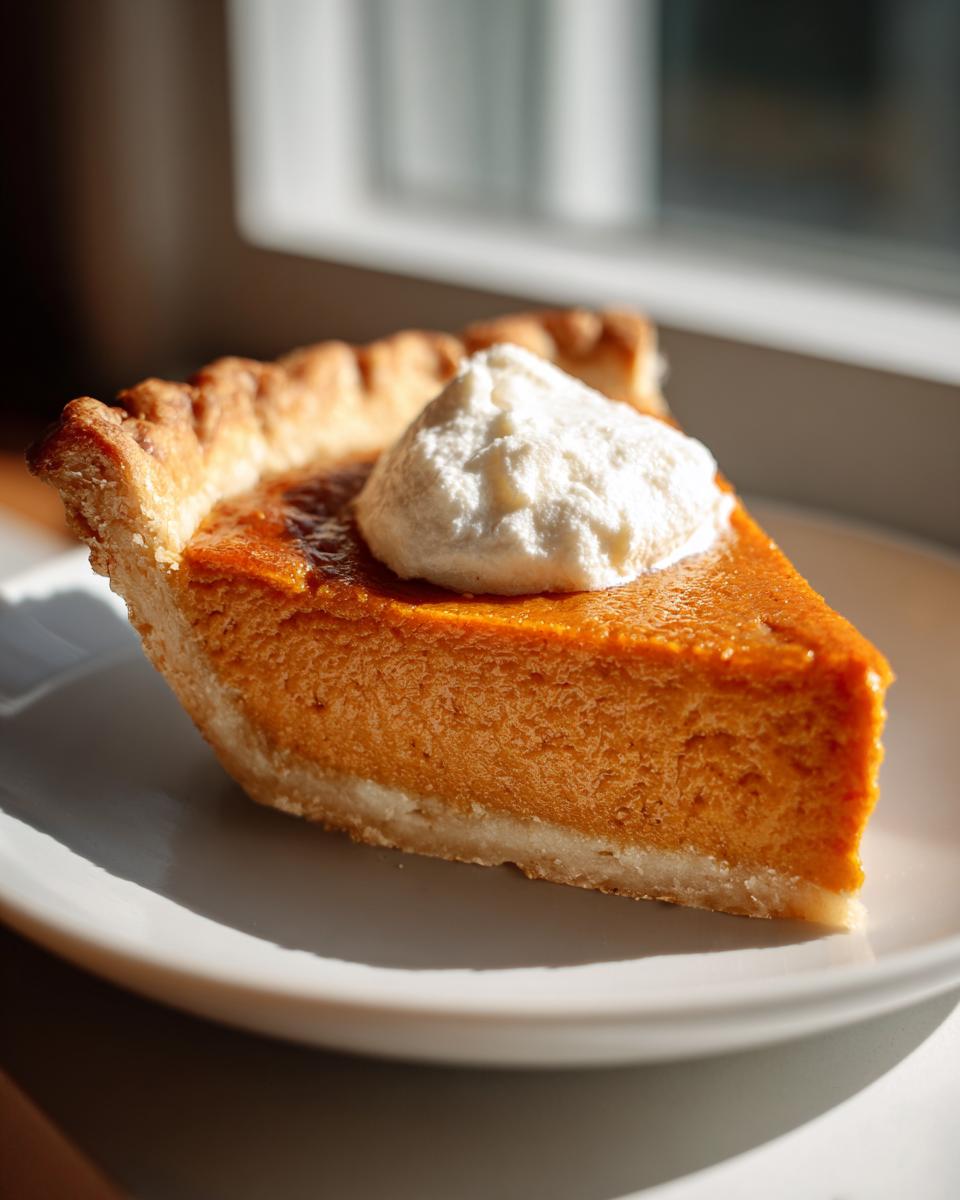 A close-up of a perfect slice of easy pumpkin pie topped with a dollop of whipped cream on a white plate.