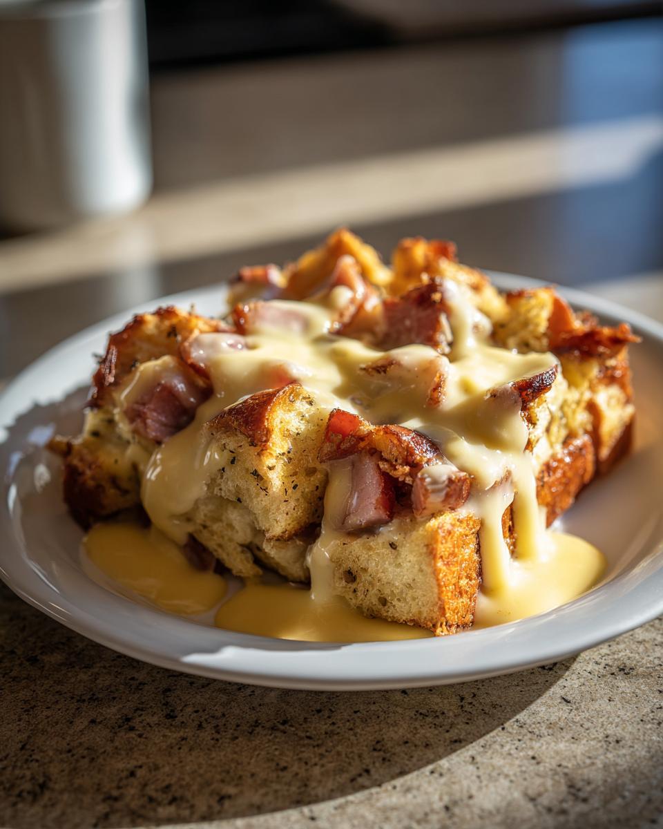 A close-up of a portion of eggs benedict casserole, featuring bread cubes, ham, topped generously with creamy hollandaise sauce.