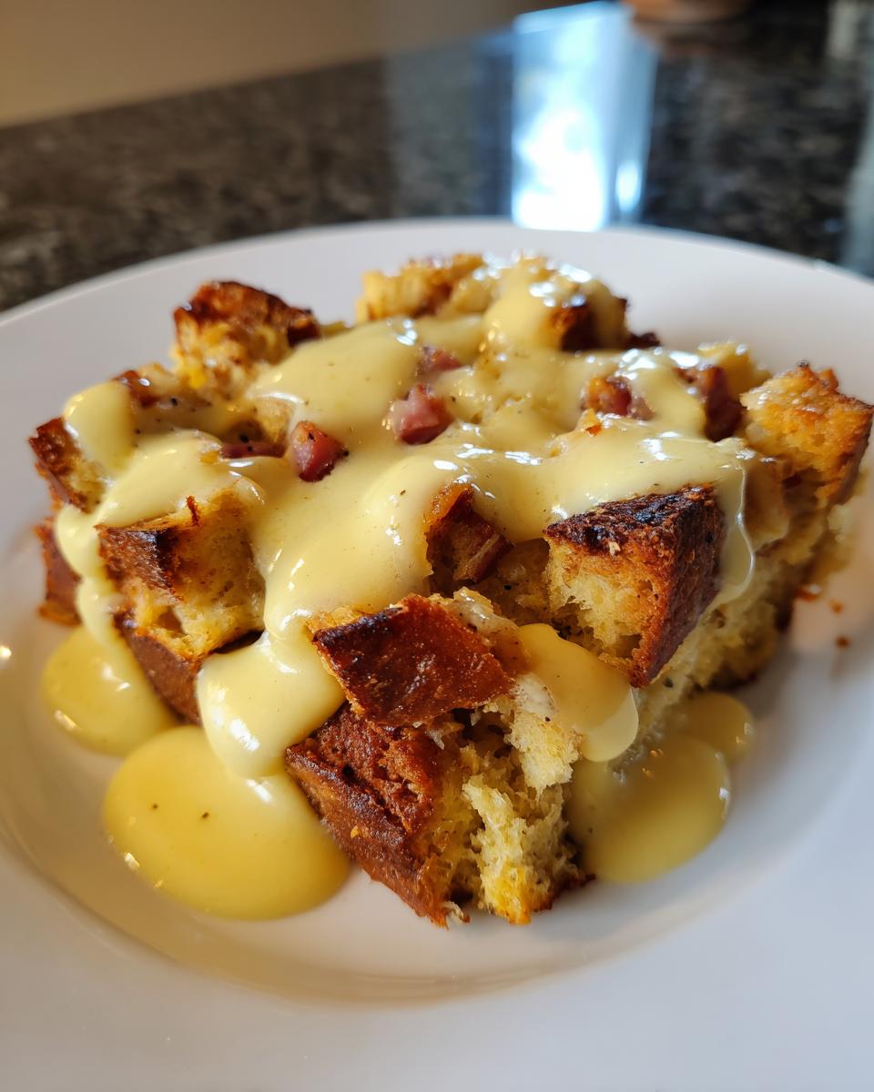 A close-up of a serving of eggs benedict casserole topped generously with creamy hollandaise sauce and bits of ham.