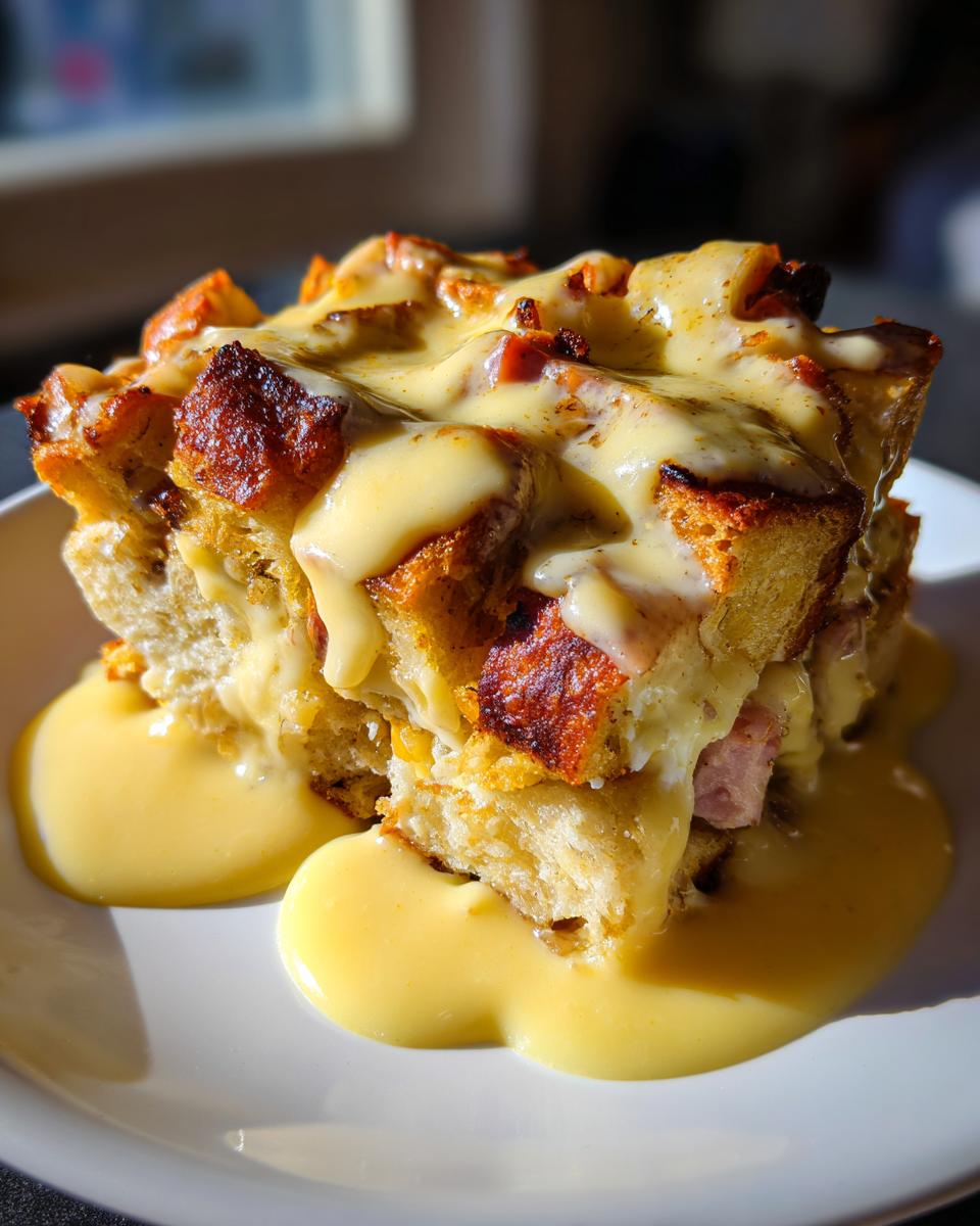 A close-up of a square serving of eggs benedict casserole, topped generously with rich hollandaise sauce.