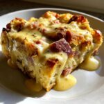 A close-up of a square slice of eggs benedict casserole topped generously with creamy hollandaise sauce.