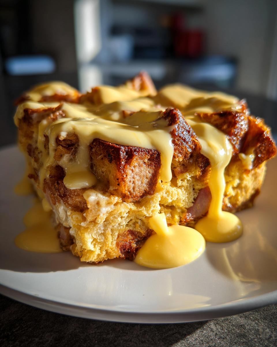 A close-up of a square serving of eggs benedict casserole topped generously with rich, yellow hollandaise sauce.