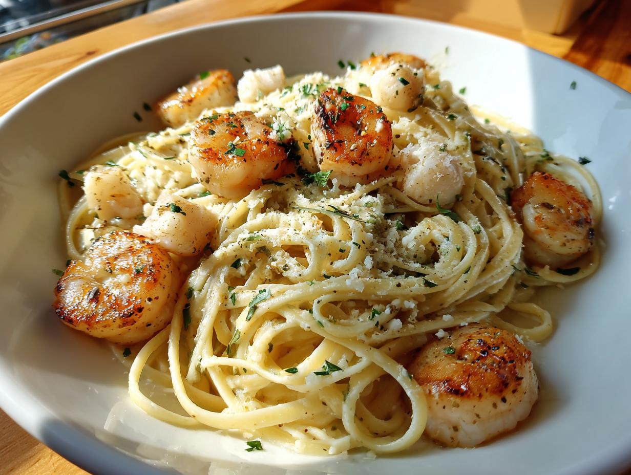 Close-up of a bowl of creamy seafood pasta topped with perfectly seared scallops and grated Parmesan cheese.