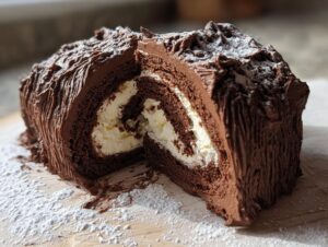 A rich chocolate yule log cake, cut in half to show the swirl of dark cake and white cream filling, dusted with powdered sugar.