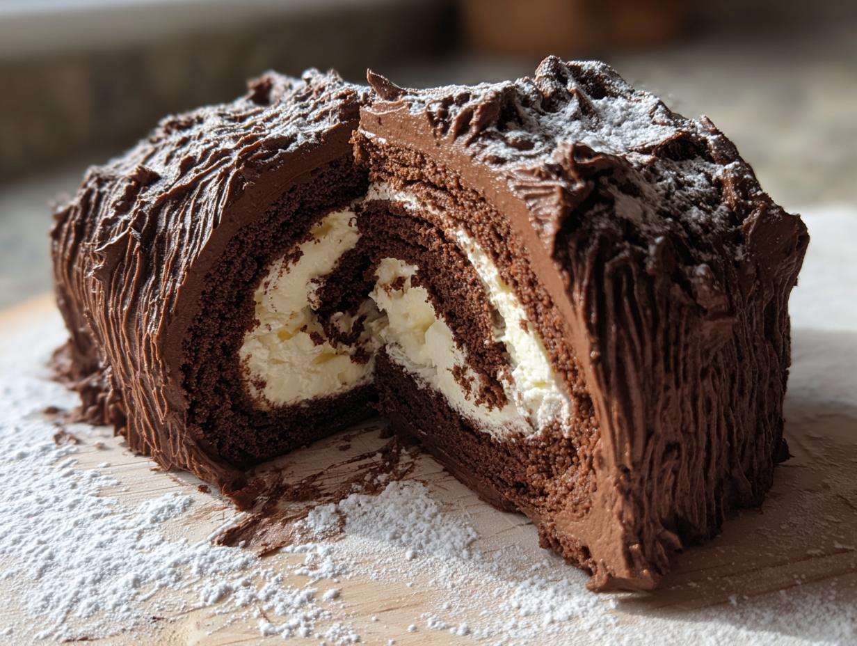 A rich chocolate yule log cake, cut in half to show the swirl of dark cake and white cream filling, dusted with powdered sugar.