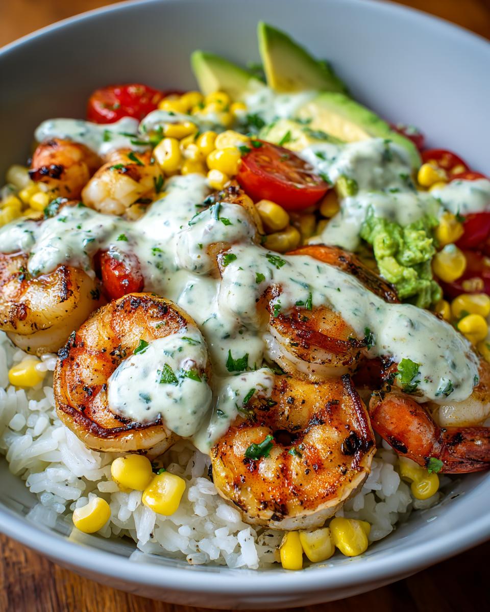 Close-up of a delicious shrimp bowl featuring grilled shrimp, white rice, corn, tomatoes, avocado, and a creamy herb sauce.