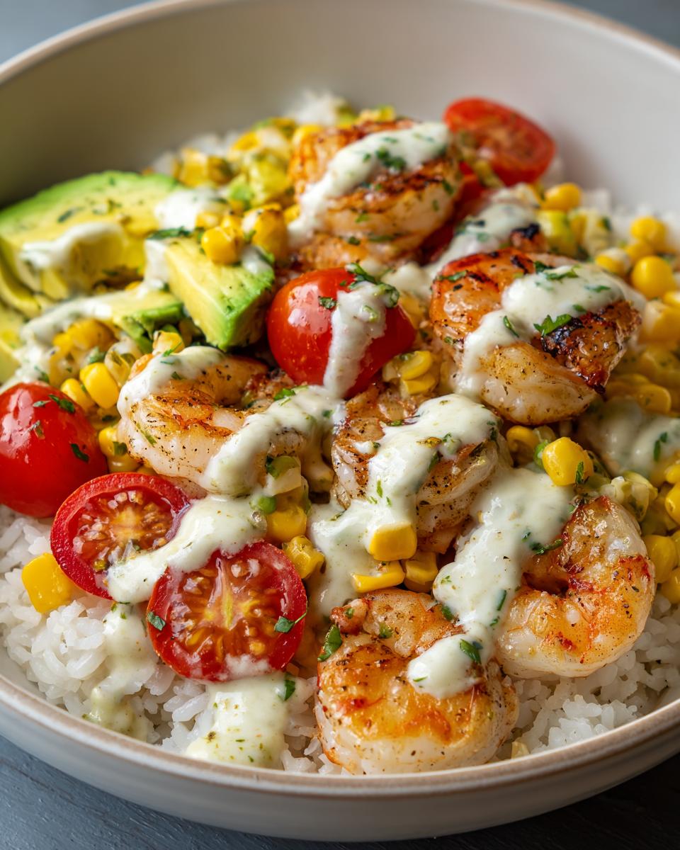 Close-up of a vibrant shrimp bowl featuring seasoned shrimp, corn, avocado, cherry tomatoes, and a creamy cilantro sauce over white rice.