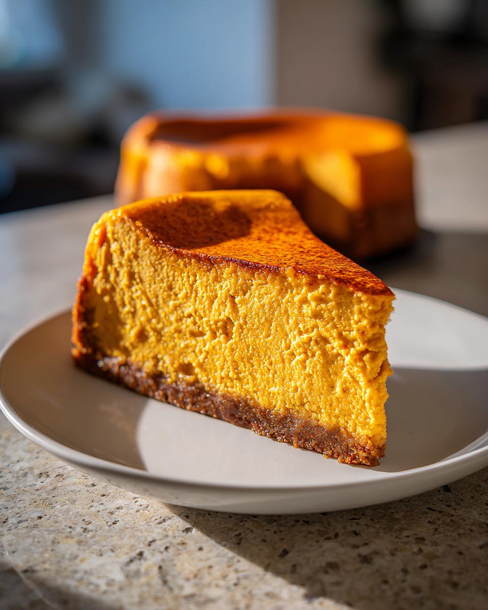 A close-up of a rich, orange slice of pumpkin cheesecake with a dark crust on a white plate.