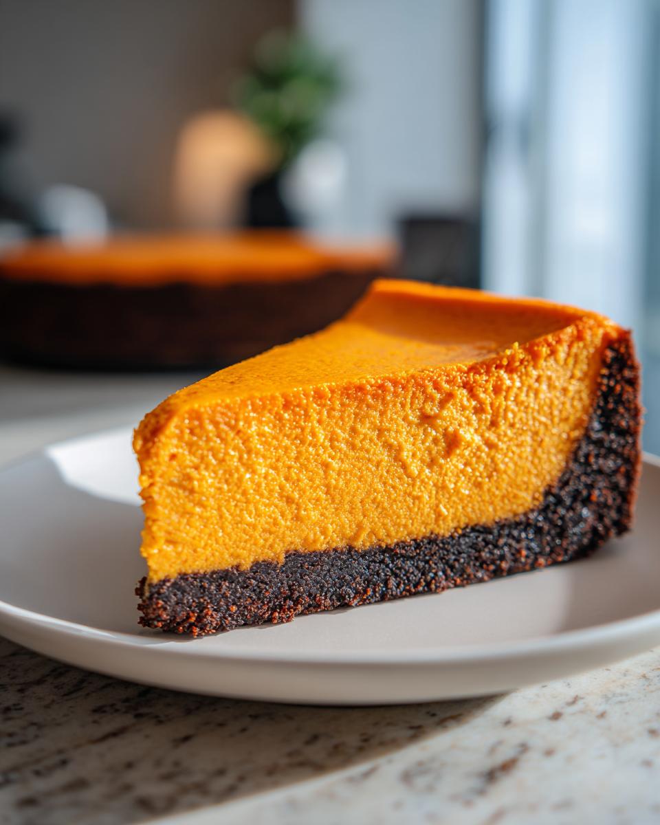 A perfect slice of bright orange pumpkin cheesecake resting on a white plate, featuring a dark chocolate crust.