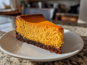 A perfect slice of vibrant orange pumpkin cheesecake with a dark chocolate crust served on a white plate.