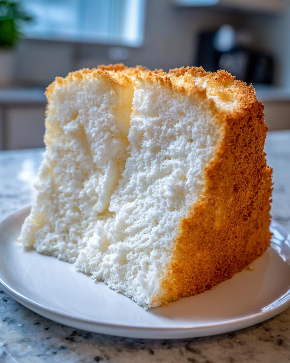 A close-up of a tall, light slice of angel food cake showing its airy white interior and golden-brown crust.