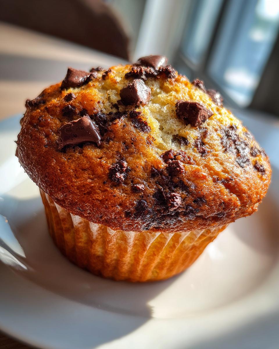 A close-up of a single, fluffy banana chocolate chip muffin topped with melted chocolate chunks.
