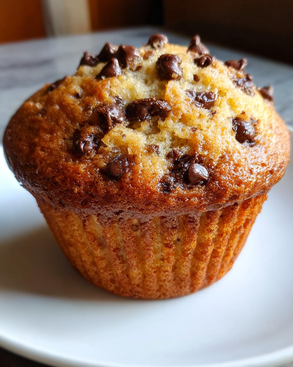 A close-up shot of one perfectly baked banana chocolate chip muffin with a golden-brown top studded with melted chocolate chips.