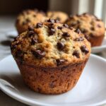 Close-up of a perfectly baked, fluffy banana chocolate chip muffin overflowing with chocolate chips on a white plate.