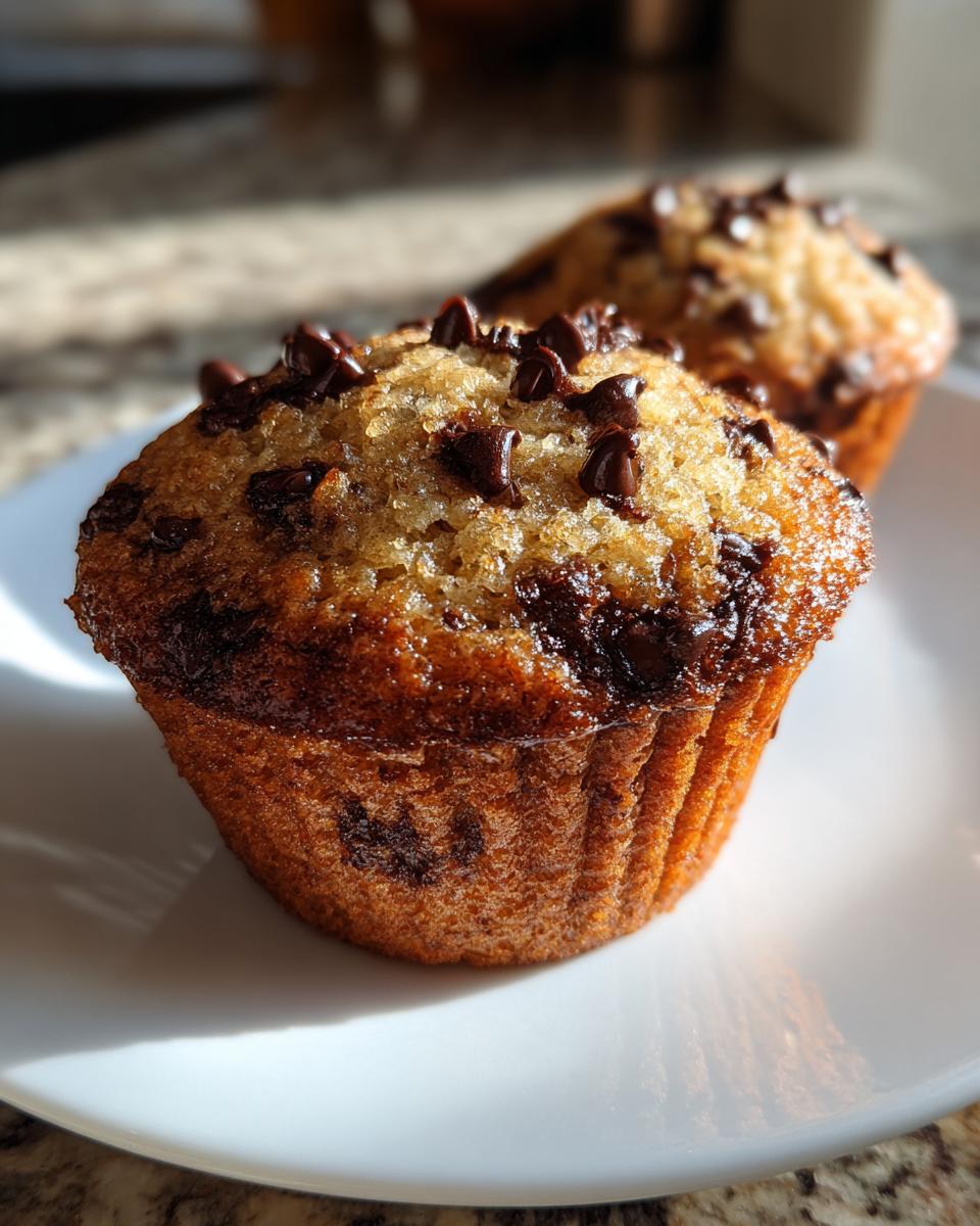 Close-up of a fluffy banana chocolate chip muffin with melted chocolate chips on top, sitting on a white plate.