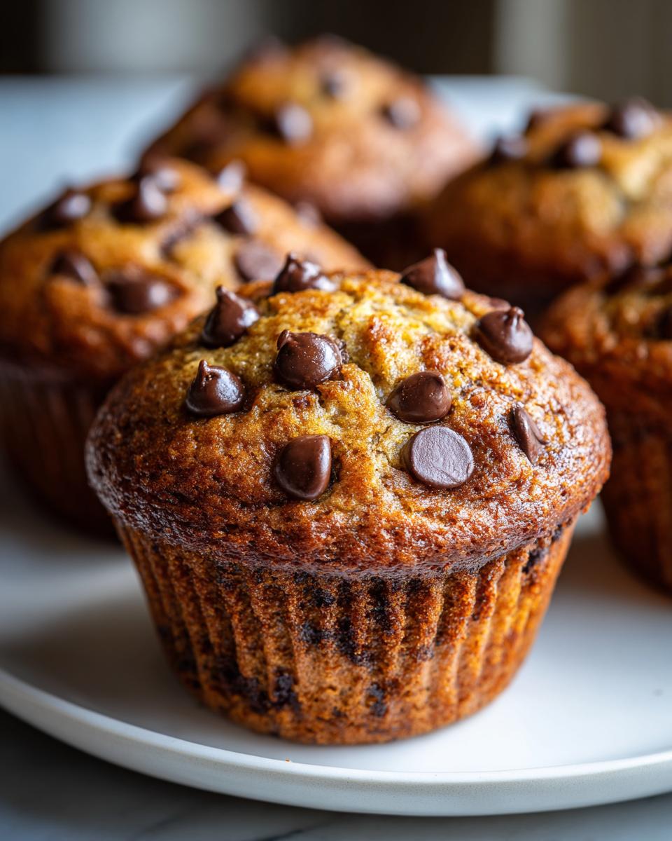Close-up of a fluffy banana chocolate chip muffins topped with melted chocolate chips on a white plate.
