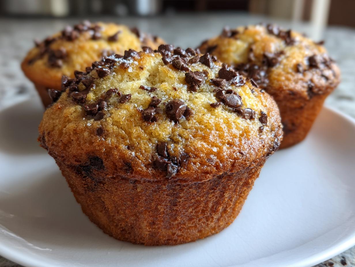 Close-up of three fluffy banana chocolate chip muffins topped with mini chocolate chips and sugar crystals.