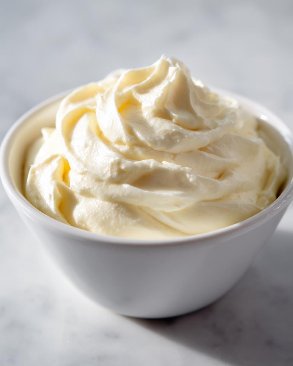 A close-up of fluffy, pale yellow homemade mayonnaise piped or spooned into a small white bowl.
