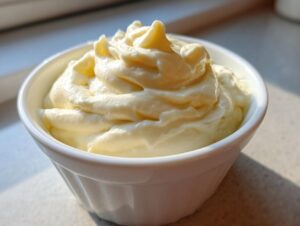 A close-up of freshly made, creamy homemade mayonnaise swirled high in a small white bowl.