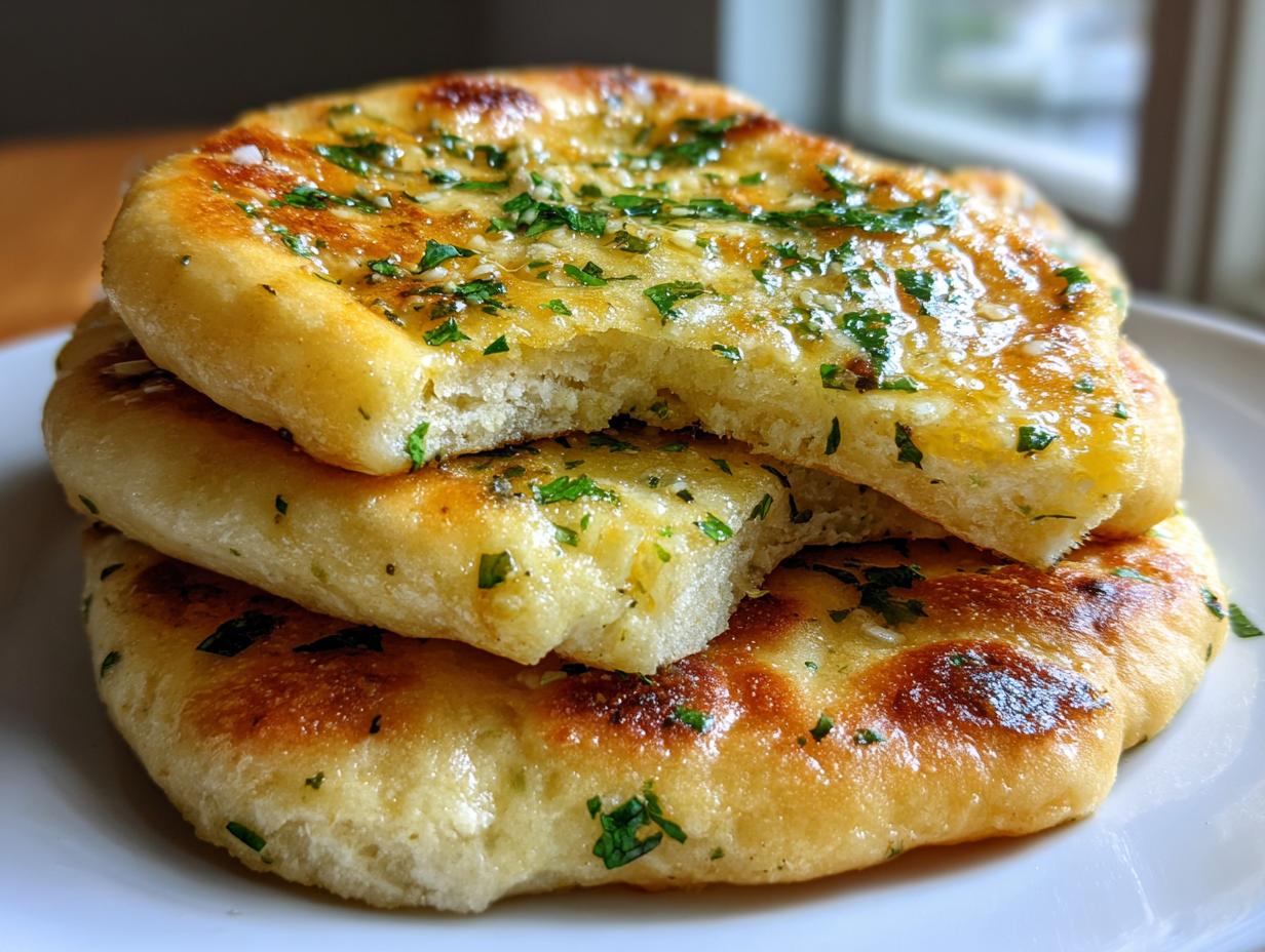 A stack of three soft, fluffy naan bread pieces brushed with melted butter and topped with fresh chopped parsley.