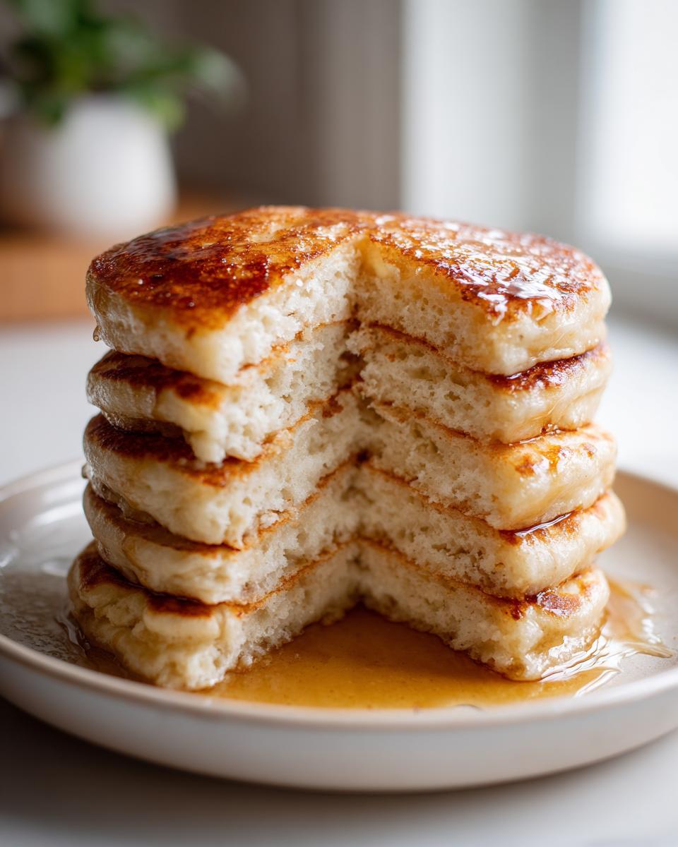 A stack of four fluffy pancakes cut to show the airy interior, drizzled generously with syrup.