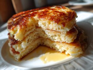 Close-up of a stack of fluffy pancakes cut to show the airy interior, drizzled with syrup.