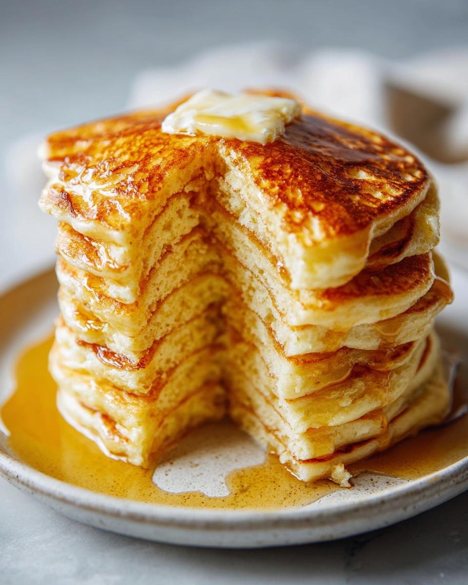 A tall stack of fluffy pancakes, cut to show the interior texture, topped with melting butter and drizzled with syrup.