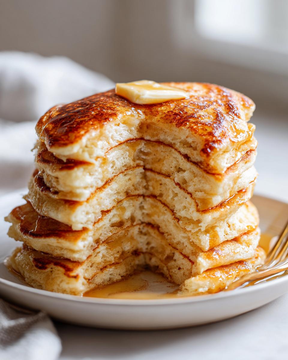 A tall stack of fluffy pancakes with a bite taken out, drizzled with syrup and topped with melting butter.