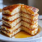 Close-up of a tall stack of fluffy pancakes, cut open to show the airy texture, drizzled with syrup.