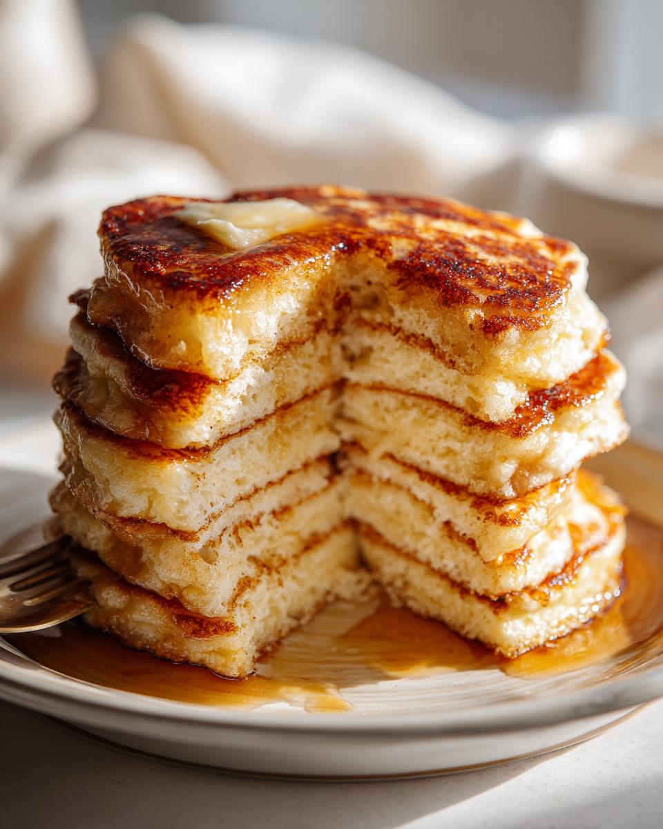 Close-up of a tall stack of fluffy pancakes with a pat of melting butter and syrup, showing a bite taken out.