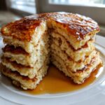 A tall stack of fluffy sourdough discard pancakes cut in half, drenched in golden syrup.