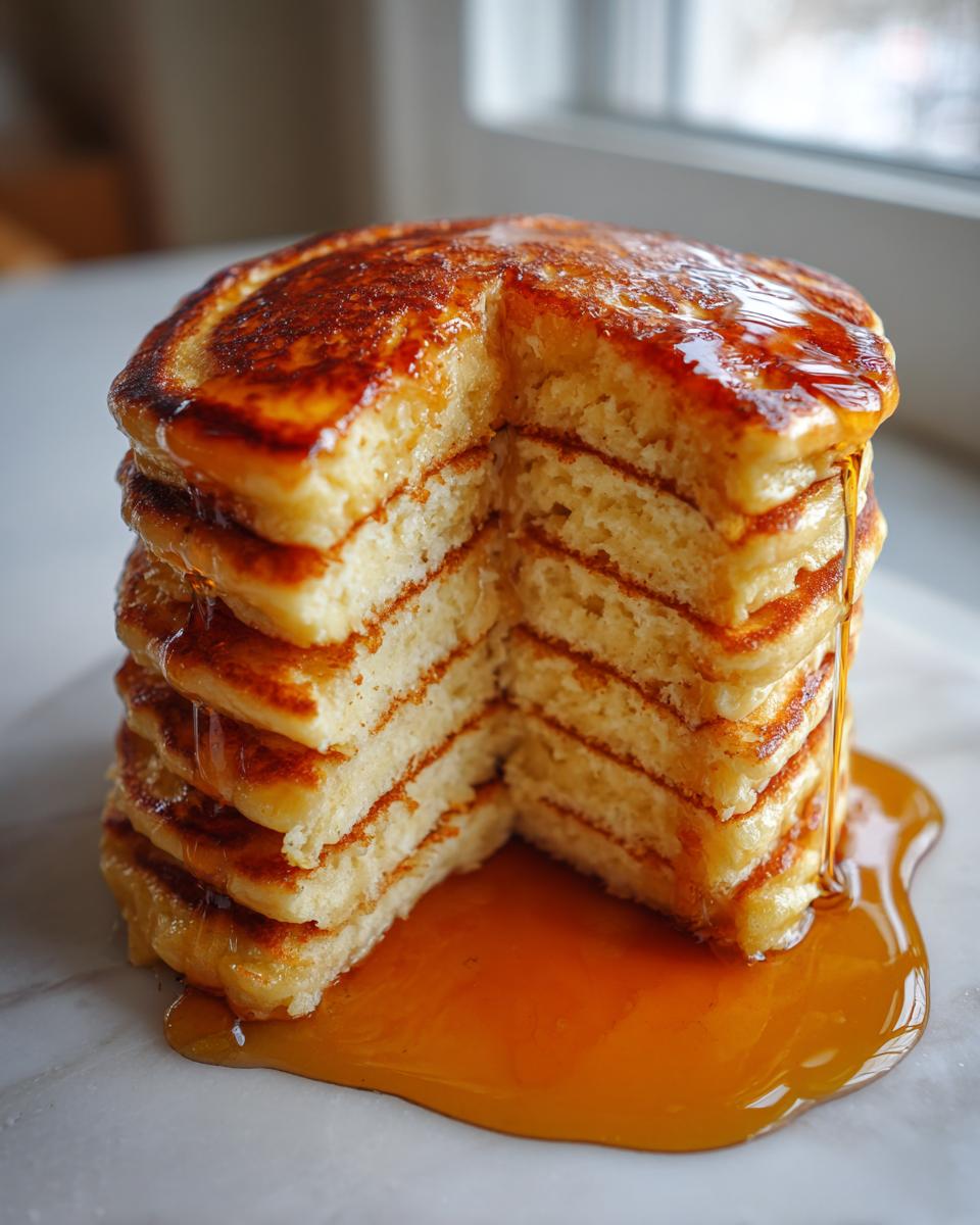 A tall stack of fluffy sourdough discard pancakes with a slice cut out, drenched in maple syrup.