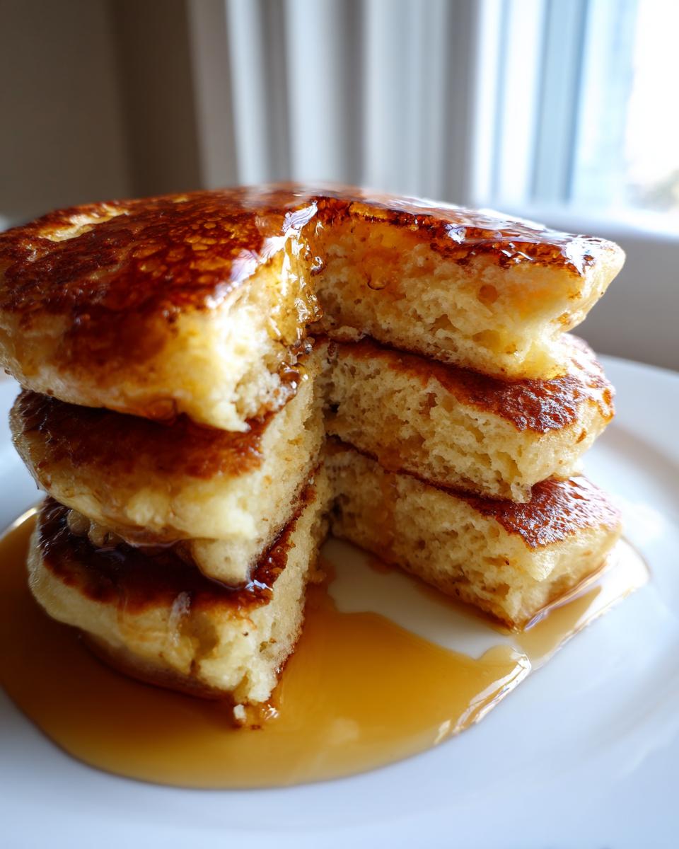 A stack of fluffy sourdough discard pancakes cut open to show the texture, drenched in maple syrup.