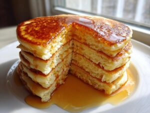 A tall stack of fluffy sourdough discard pancakes with a slice cut out, drizzled generously with maple syrup.