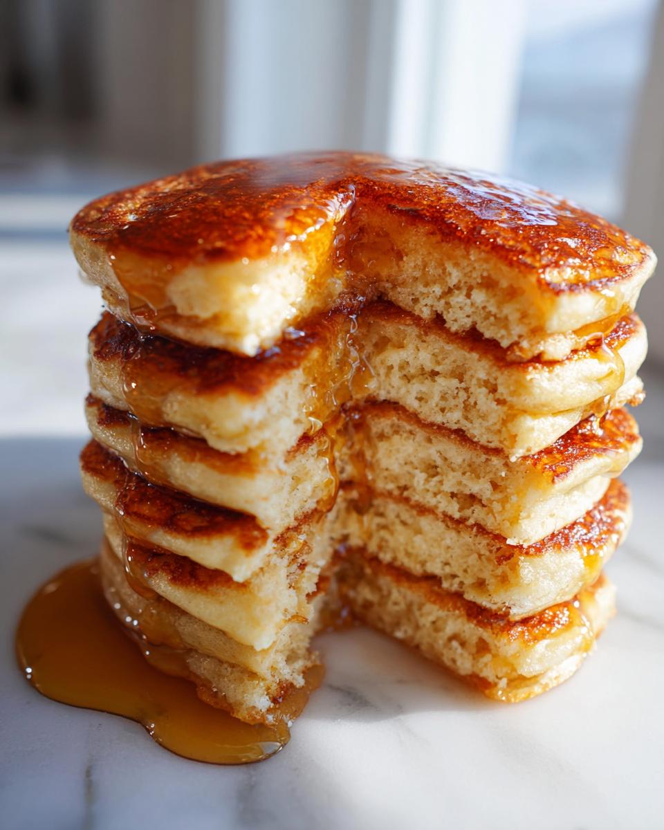 Close-up of a tall stack of fluffy sourdough discard pancakes with a piece removed, dripping with golden syrup.