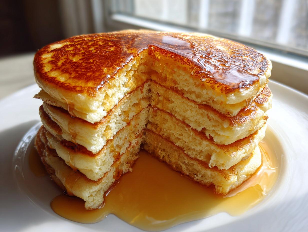 A tall stack of fluffy sourdough discard pancakes with a slice cut out, drizzled generously with maple syrup.