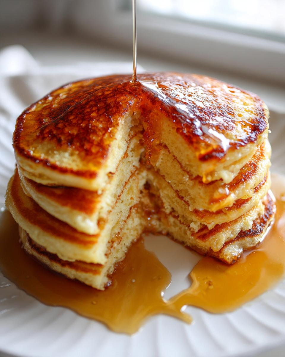 A stack of fluffy sourdough discard pancakes with a slice cut out, being drizzled with maple syrup.