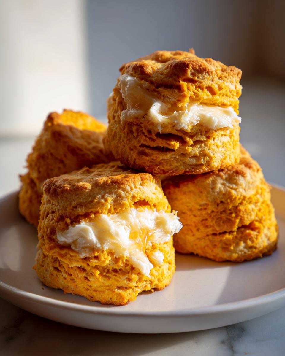 Close-up of fluffy sweet potato biscuits split open and topped with melting butter and honey.