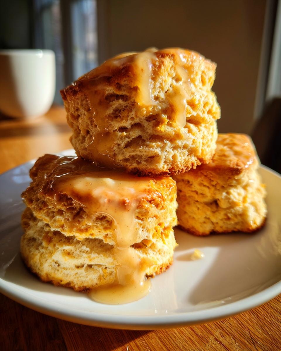 A stack of three fluffy sweet potato biscuits drizzled generously with a light brown glaze on a white plate.