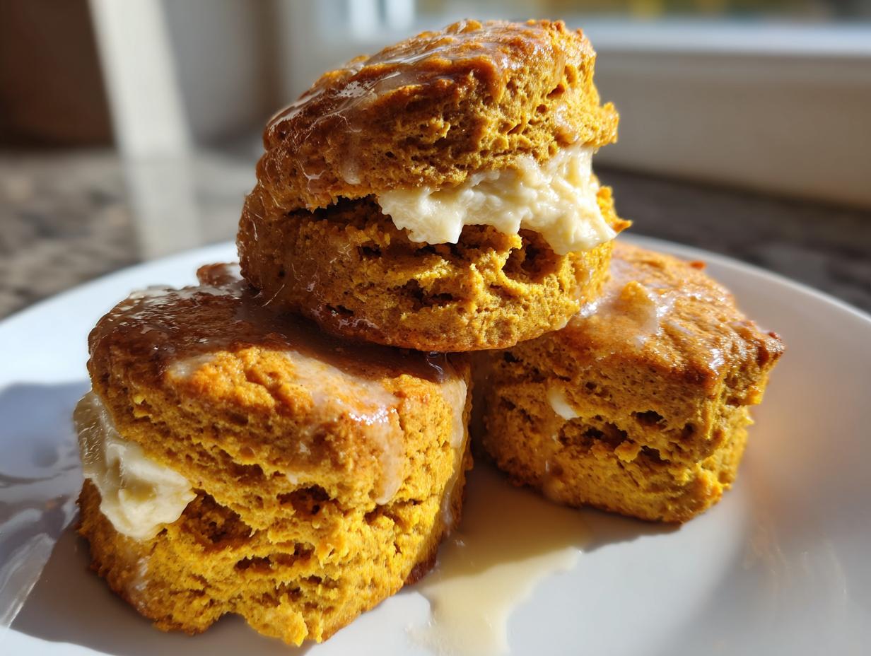 Three fluffy sweet potato biscuits stacked and split, filled with cream cheese frosting and drizzled with a light glaze.