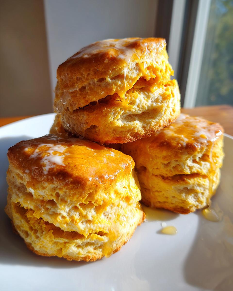 A stack of three fluffy sweet potato biscuits topped with a thin white glaze, dripping slightly onto a white plate.