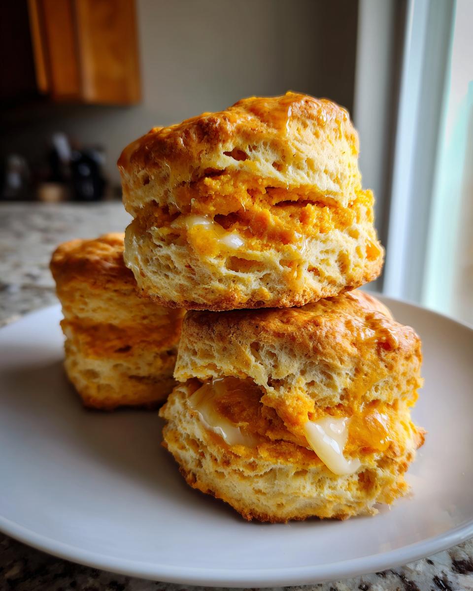 A stack of three fluffy sweet potato biscuits, split open and filled with a creamy, melted filling.