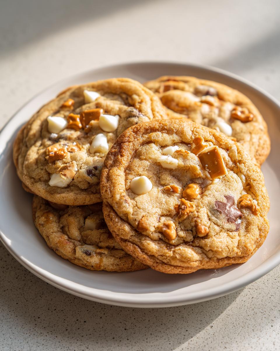Close-up of four freshly baked kitchen sink cookies loaded with white chocolate chips and caramel pieces.