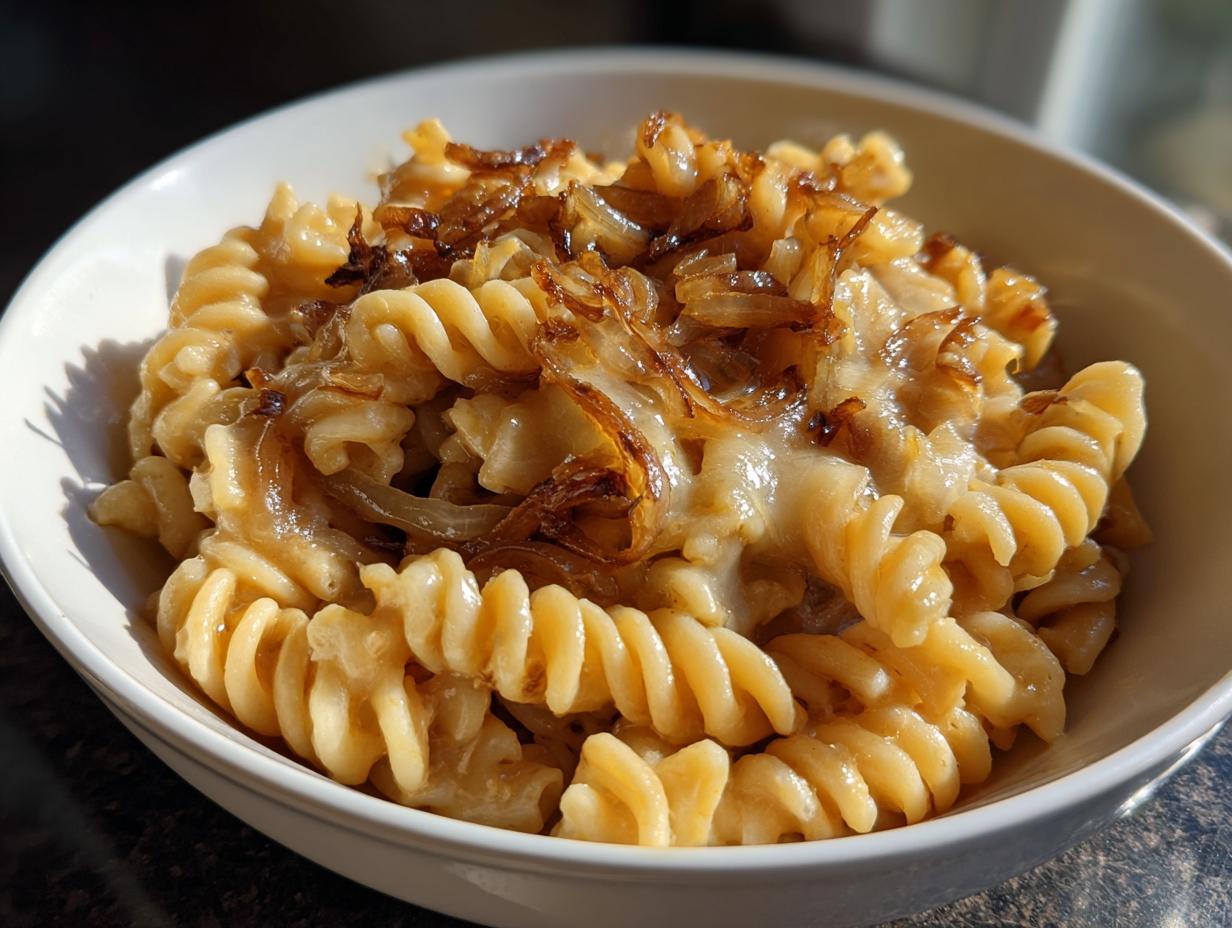 Close-up of creamy french onion pasta made with fusilli, topped with caramelized onions.