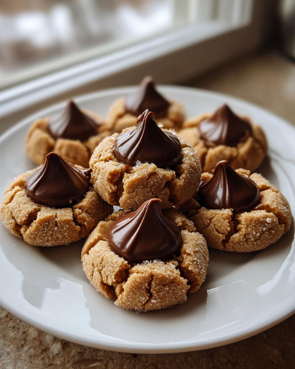 A close-up of several freshly baked peanut butter blossoms cookies topped with chocolate kisses on a white plate.